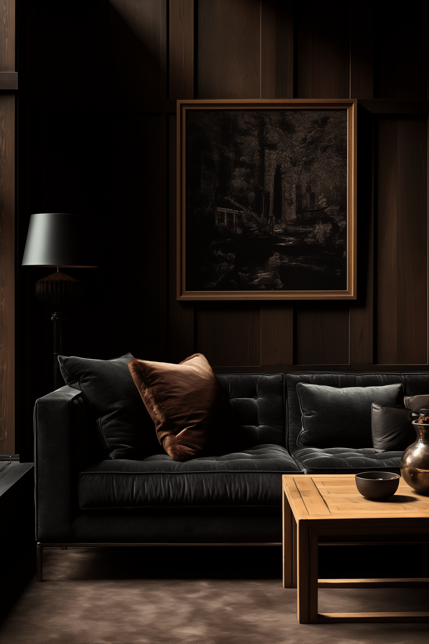 Eye-level photograph of a spacious, dark living room, showcasing the interplay of luxury textiles and textured walls in daylight.