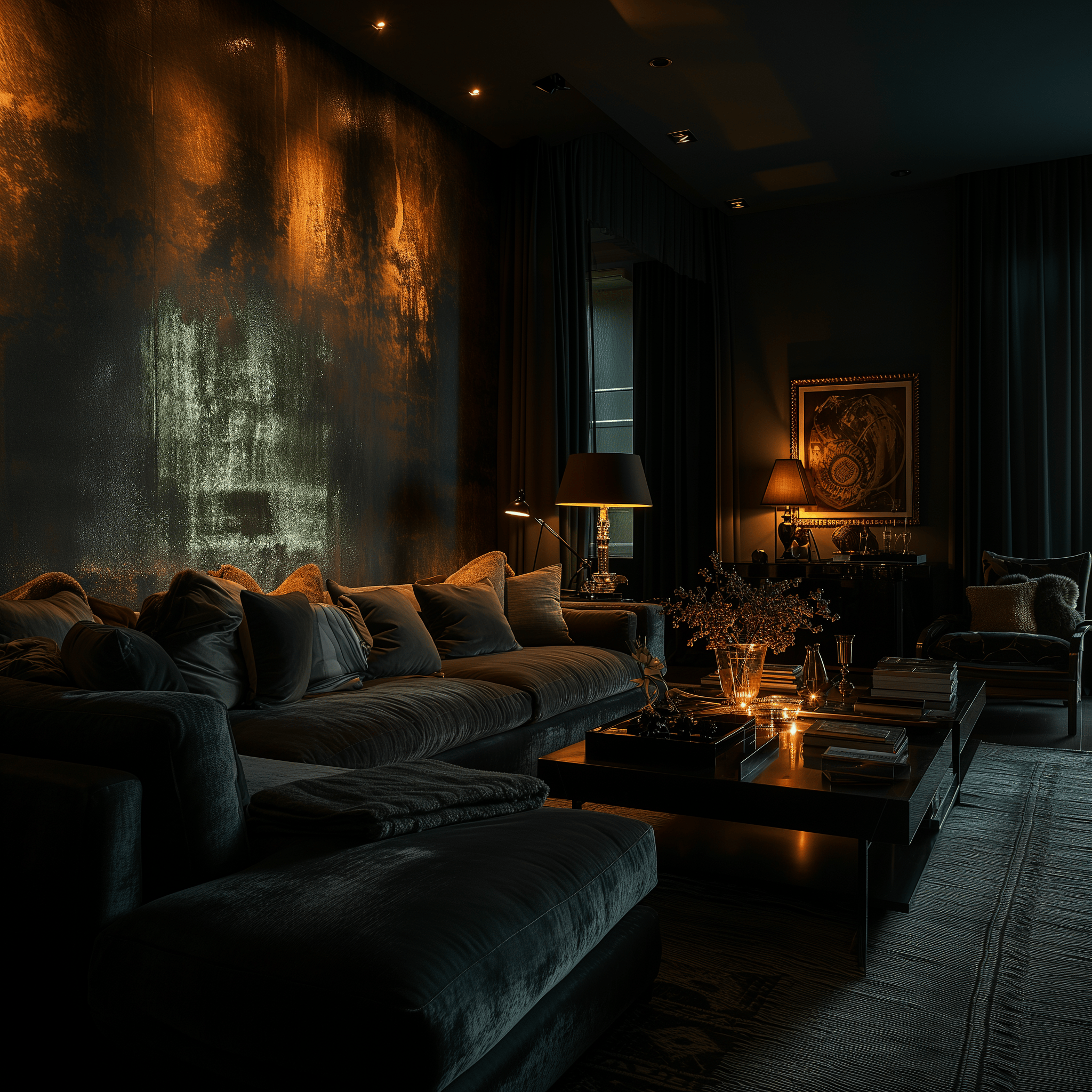 Real estate photo capturing a dark living room with eye-level architectural features, enhanced by rich, moody lighting and plush textiles.