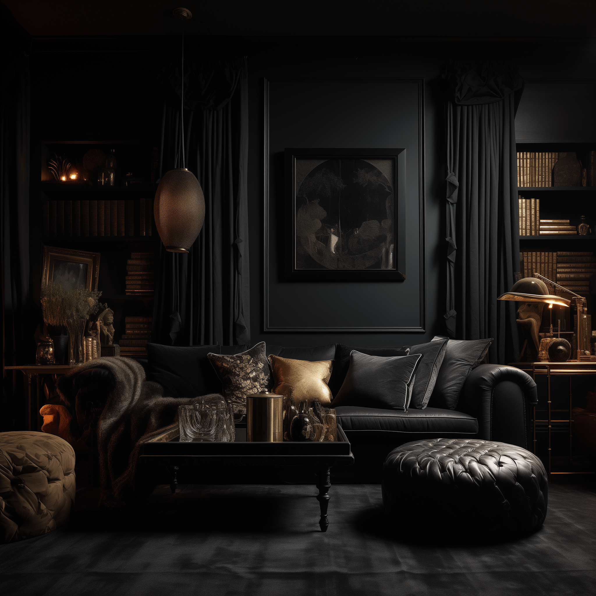 Eye-level view of a dark living room with luxurious leather furniture and sophisticated decor, creating an elegant and cozy atmosphere.