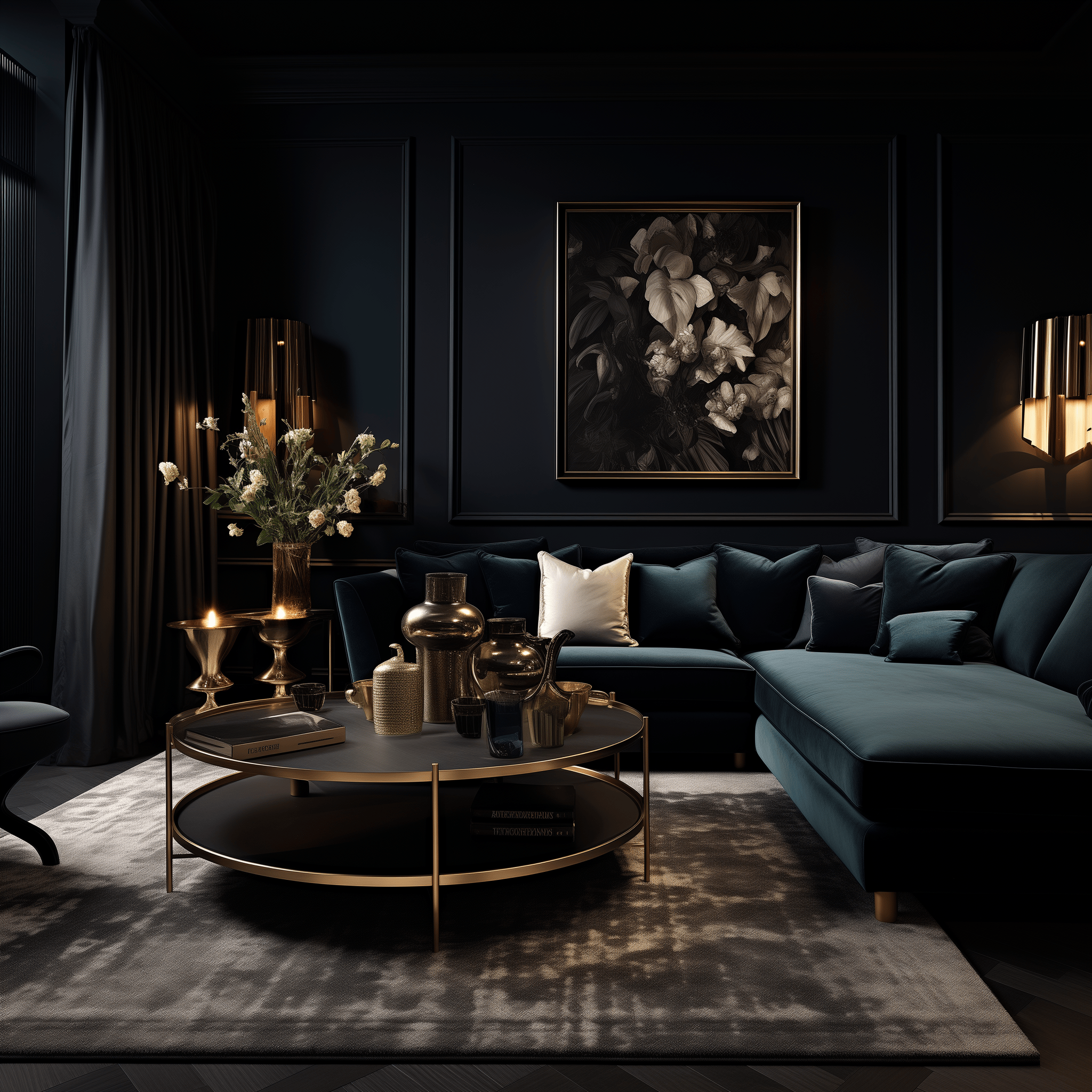 Luxurious dark living room in a real estate setting, showcasing eye-level views of elegant, contemporary furniture and stylish decor.