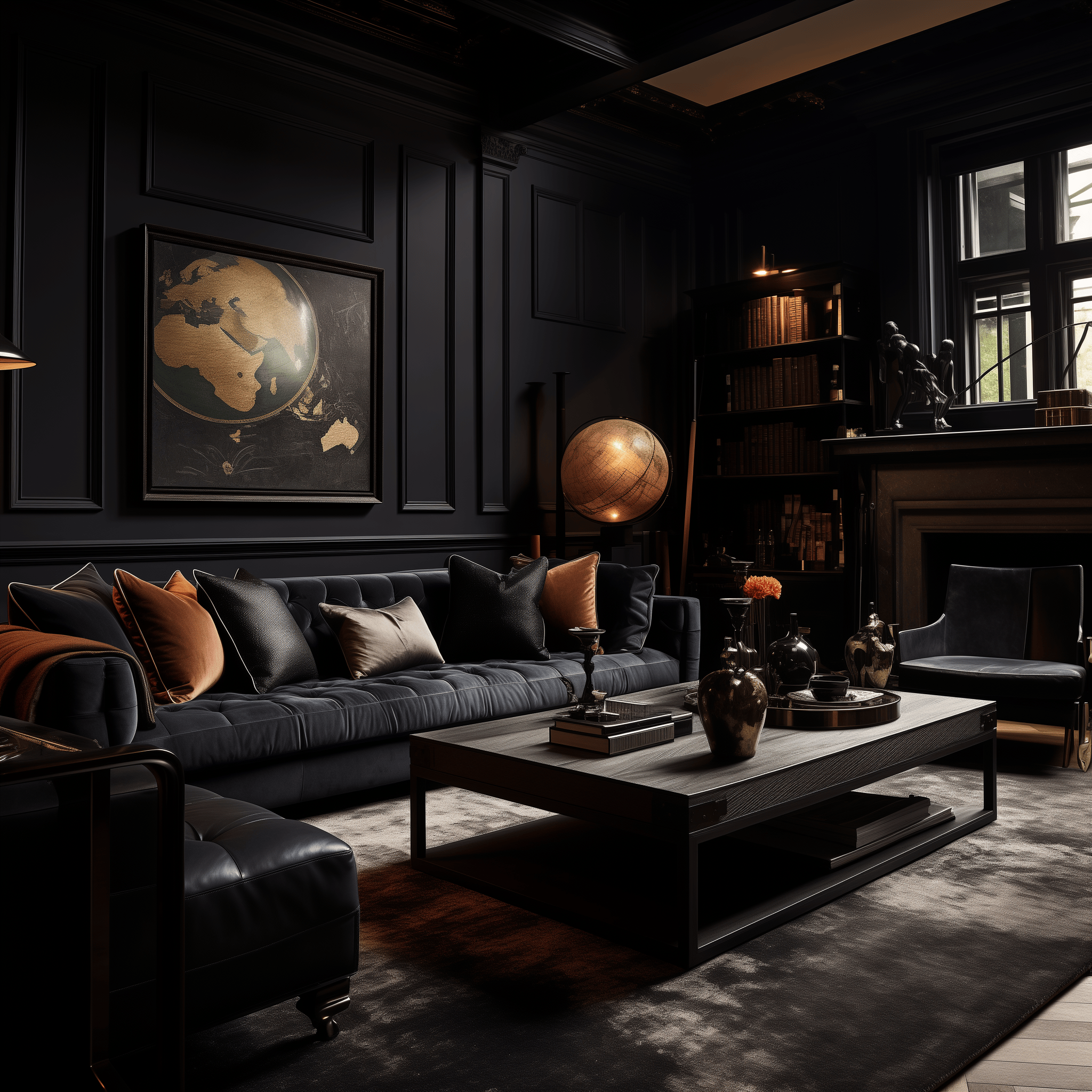 Eye-level photograph of a dark living room, highlighting luxurious textures against deep, rich wall colors in a serene setting.