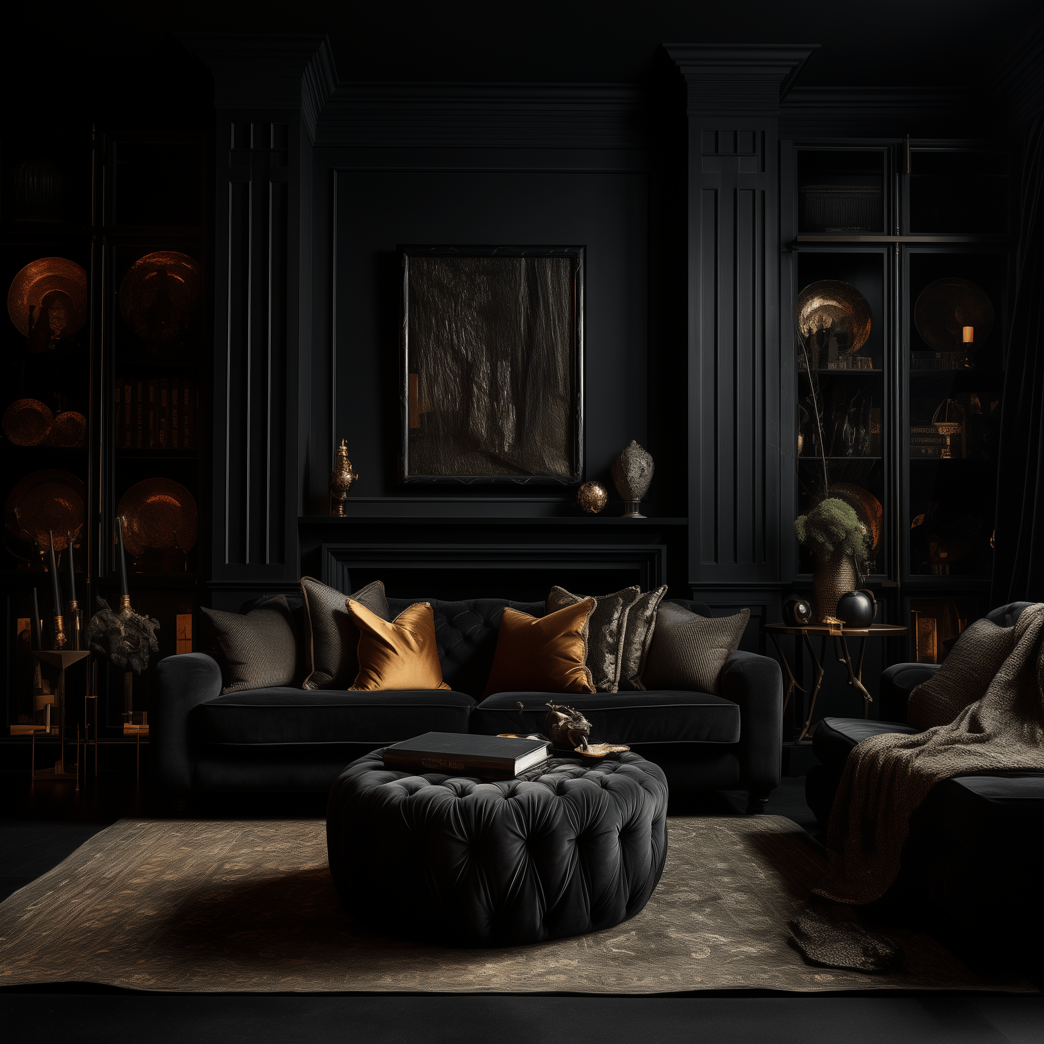 Homely and inviting dark living room, captured at eye-level, featuring comfortable seating and warm lighting for a cozy ambiance.