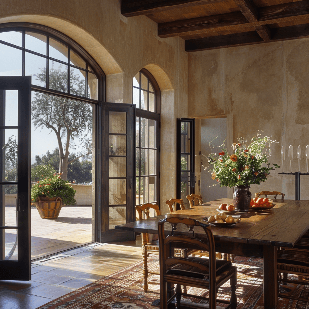 dining room that demonstrates the importance of incorporating French doors in achieving a true Mediterranean atmosphere, with a combination of doors in various sizes and style