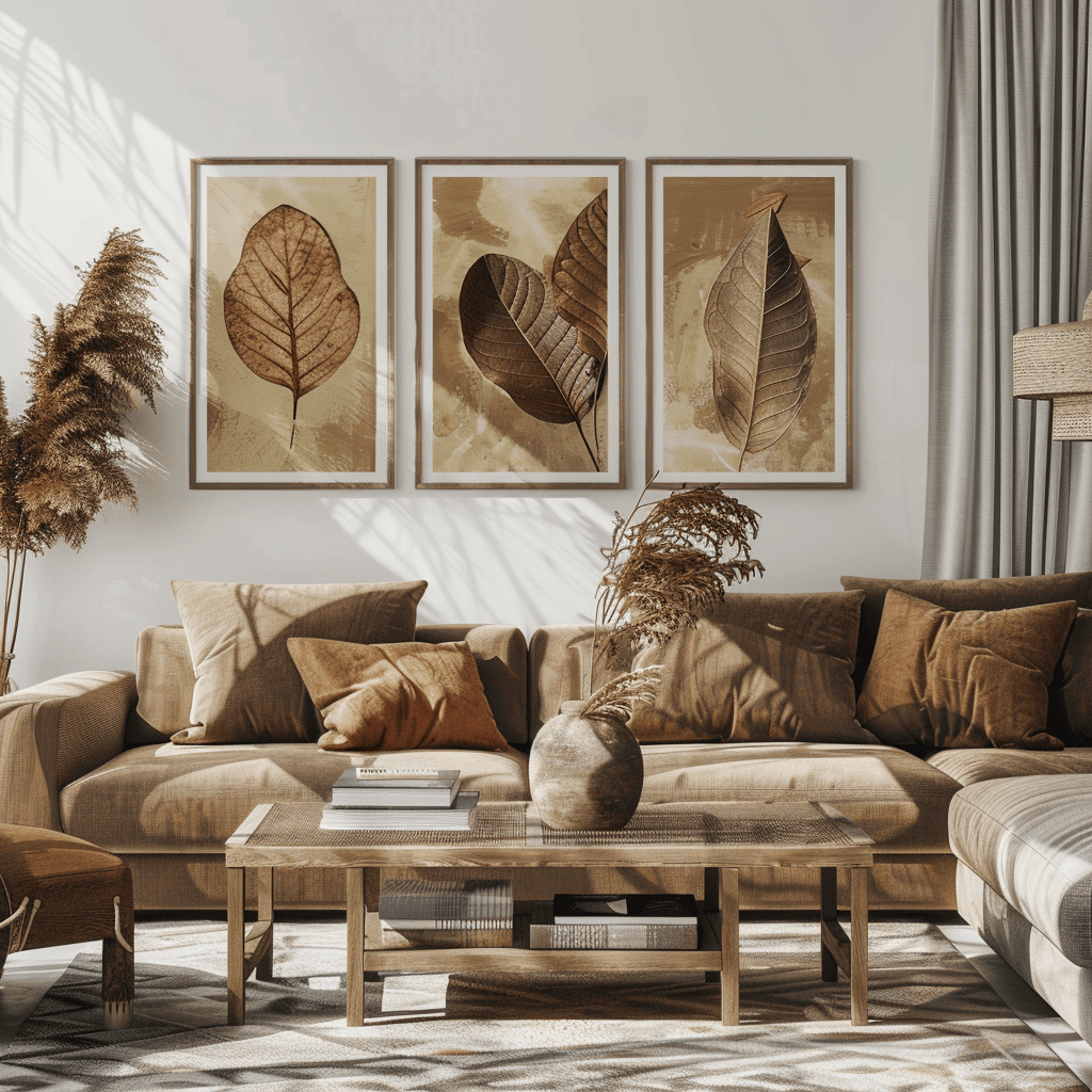 earthy living room, botanical print wall art, pressed leaves, nature-inspired artwork, visual connection to outdoors, artistic essence of nature