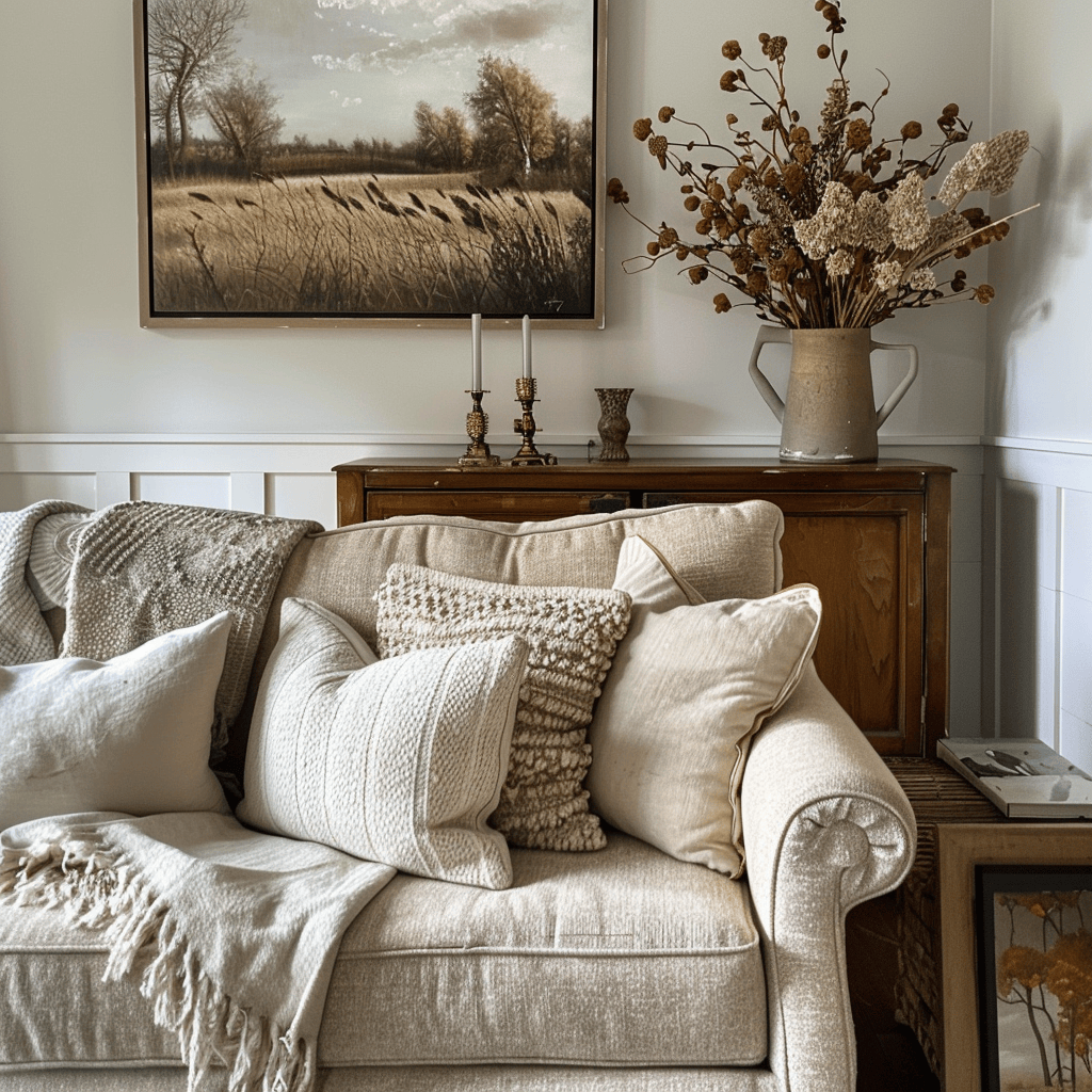 earthy living room, embrace changing seasons, seasonal refreshes, cozy textiles for winter, fresh blooms in spring, updating color accents, seasonal mood