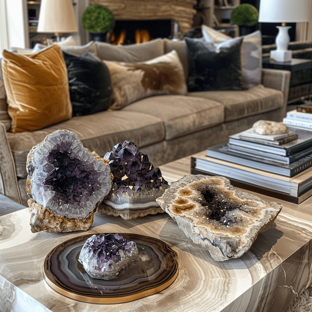 earthy living room, geode and mineral accents, agate coasters, quartz bookends, amethyst clusters, organic glamour, earth's hidden treasures