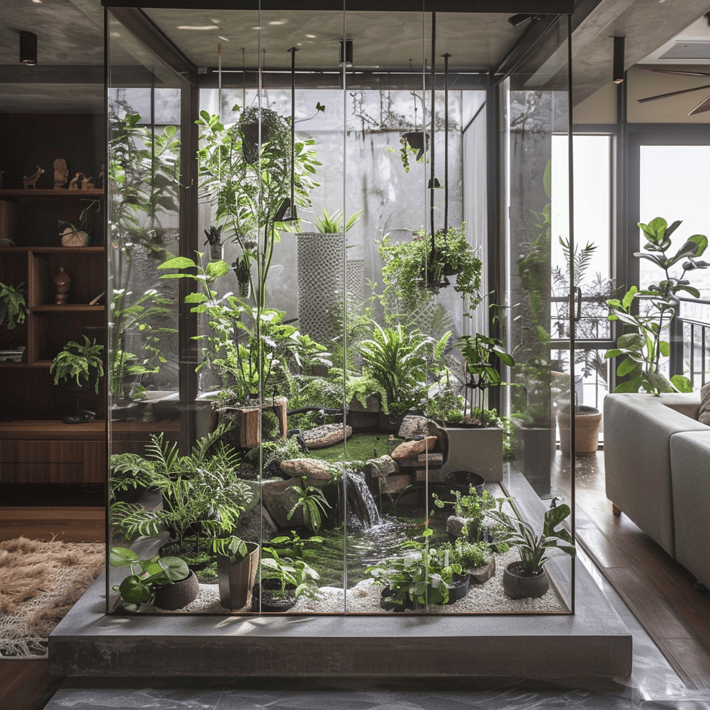 earthy_living_room_indoor_gardens_potted_plants_terrariums_small_indoor_water_feature_tranquility_freshness_growth