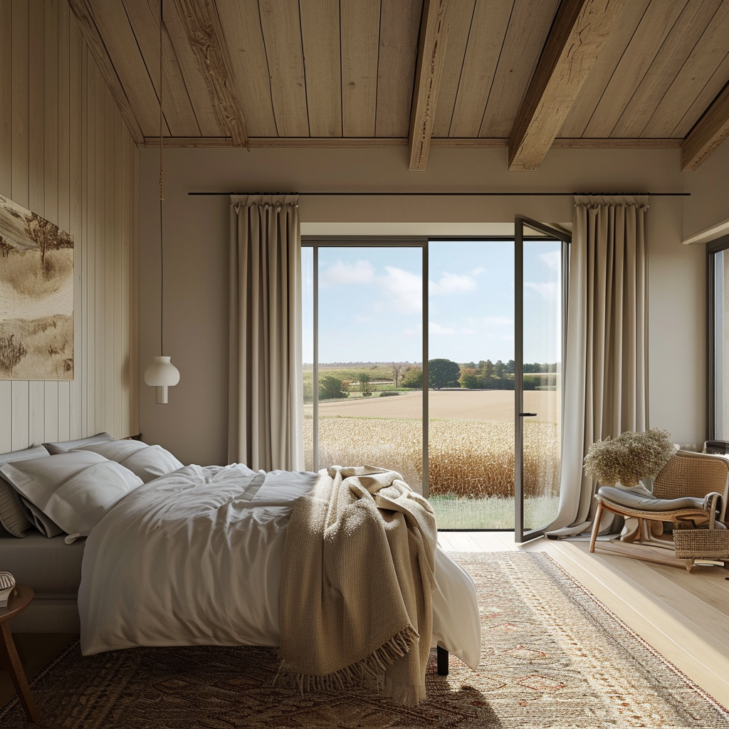 farmhouse bedroom with a beautiful view and a relaxing, serene atmosphere