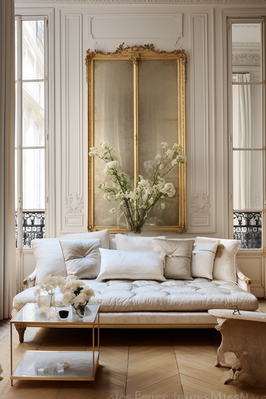 Picture a living room that seamlessly blends chic and classic elements with Parisian design concepts.