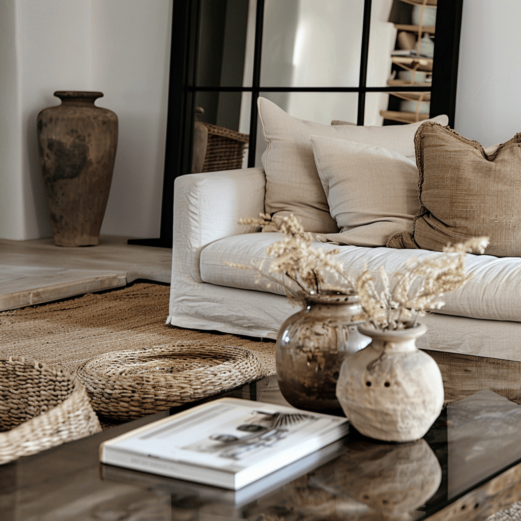 layered textures like jute rug driftwood linen and ceramic