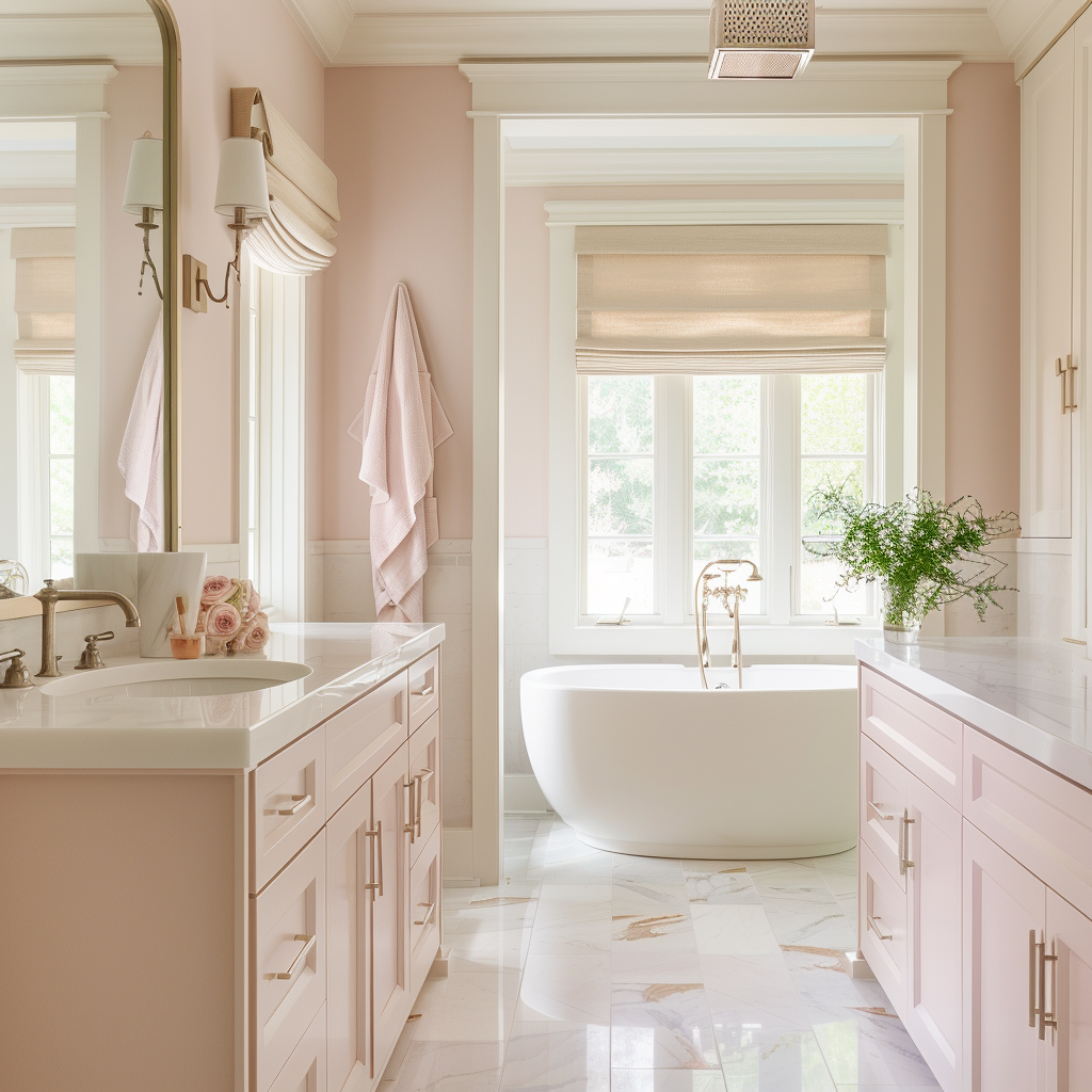 bathroom with blush accents on neutral sofa blush