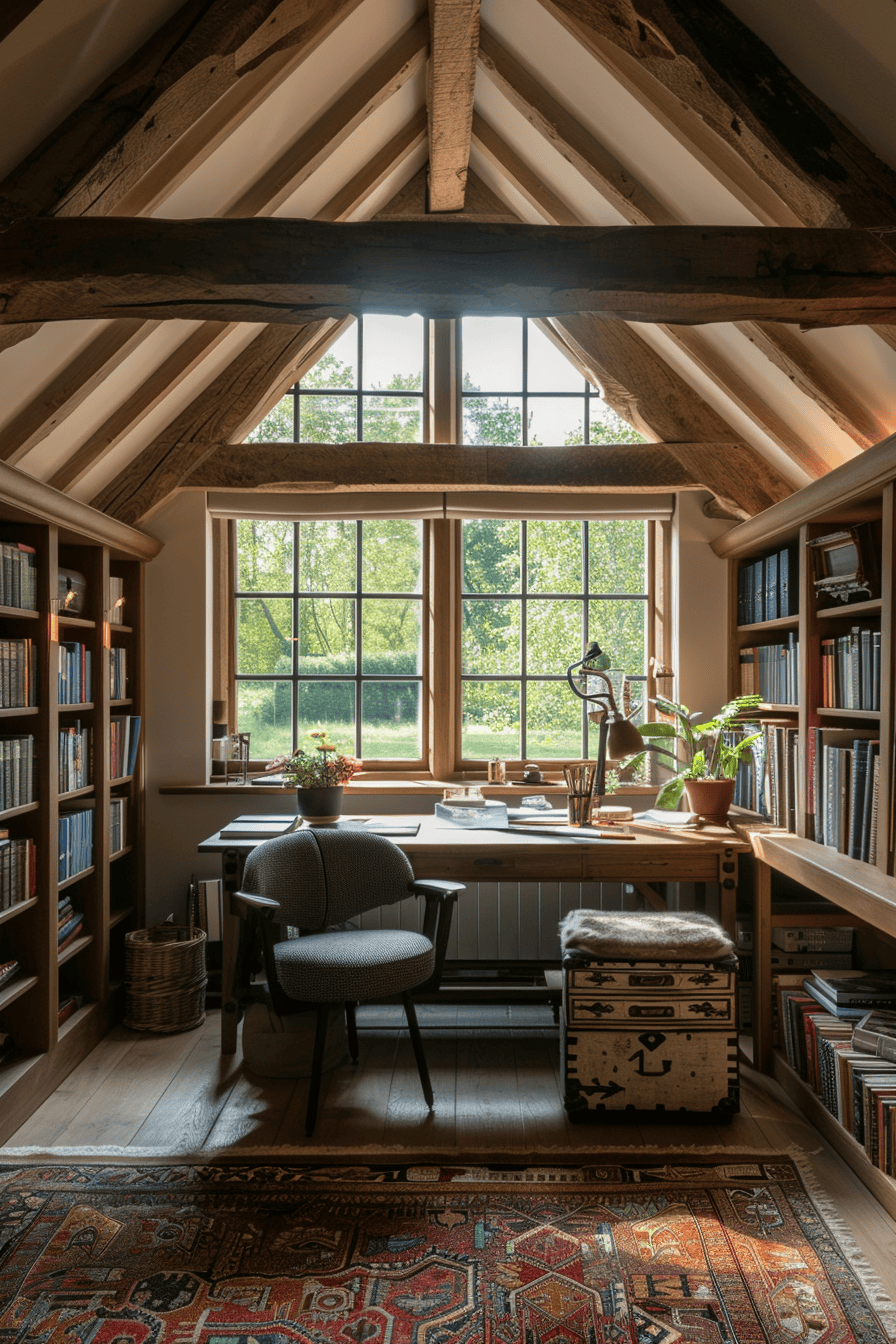 luxurious cosy english countryside home office, summer, natural light ambient lighting