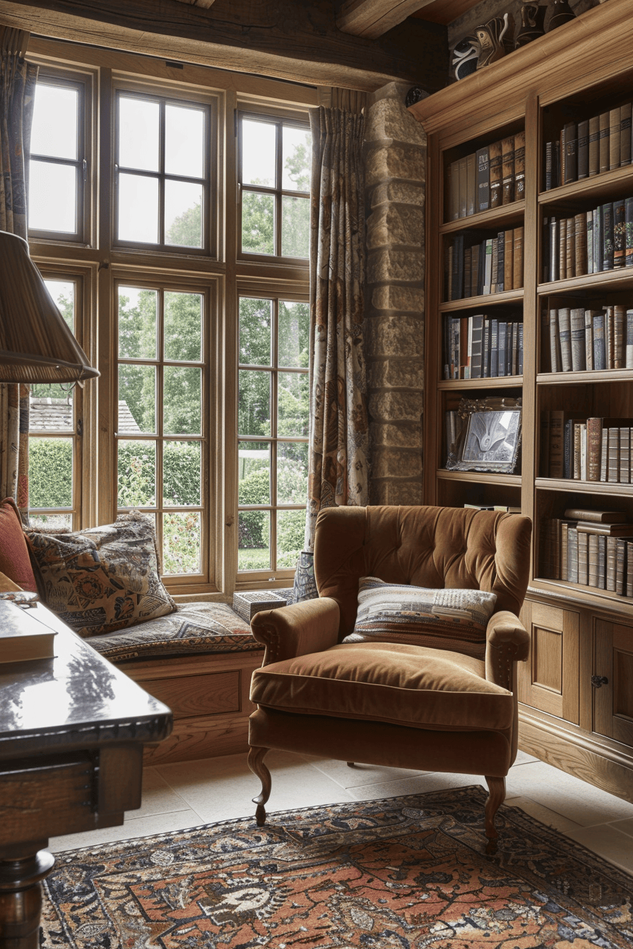luxurious cosy english countryside home office, summer, natural light bookcase