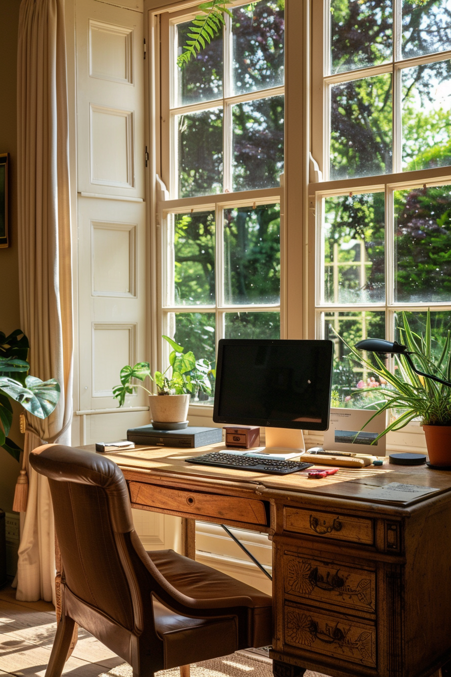 luxurious cosy english countryside home office, summer, natural light ergonomic desk and chair