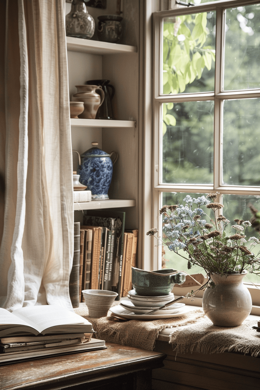 luxurious cosy english countryside home office, summer, natural light pottery on shelf