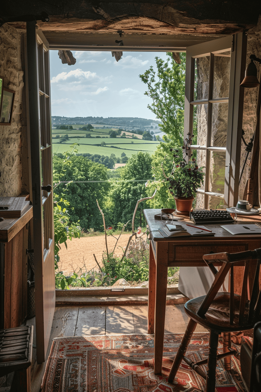 luxurious cosy english countryside home office, summer, natural light with view of the rolling hills