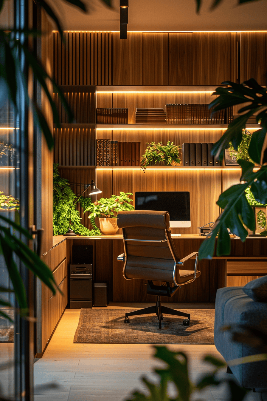 luxurious cosy japandi home office, ambient lighting