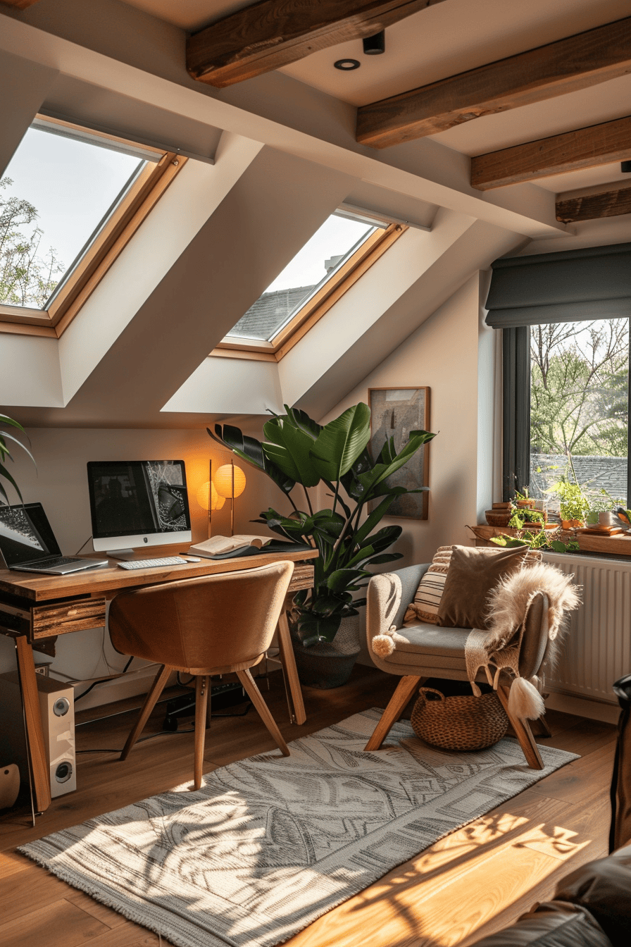 luxurious cosy japandi home office, ambient lighting