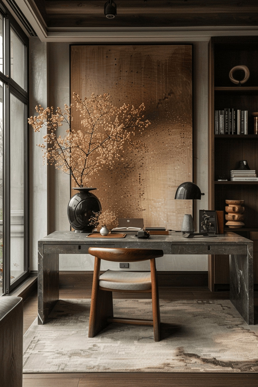 luxurious cosy japandi home office, beautiful art piece on wall