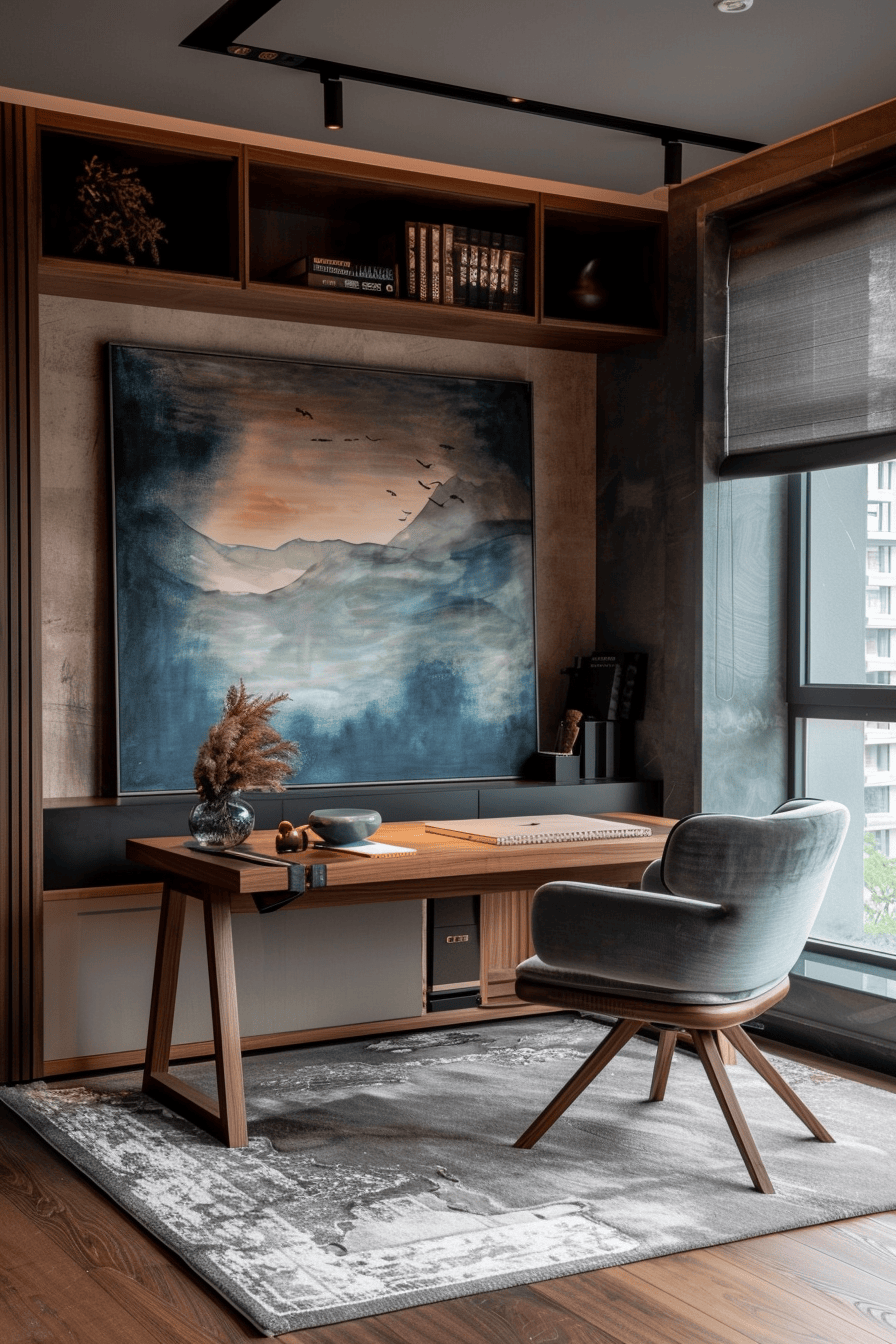 luxurious cosy japandi home office, beautiful art piece on wall