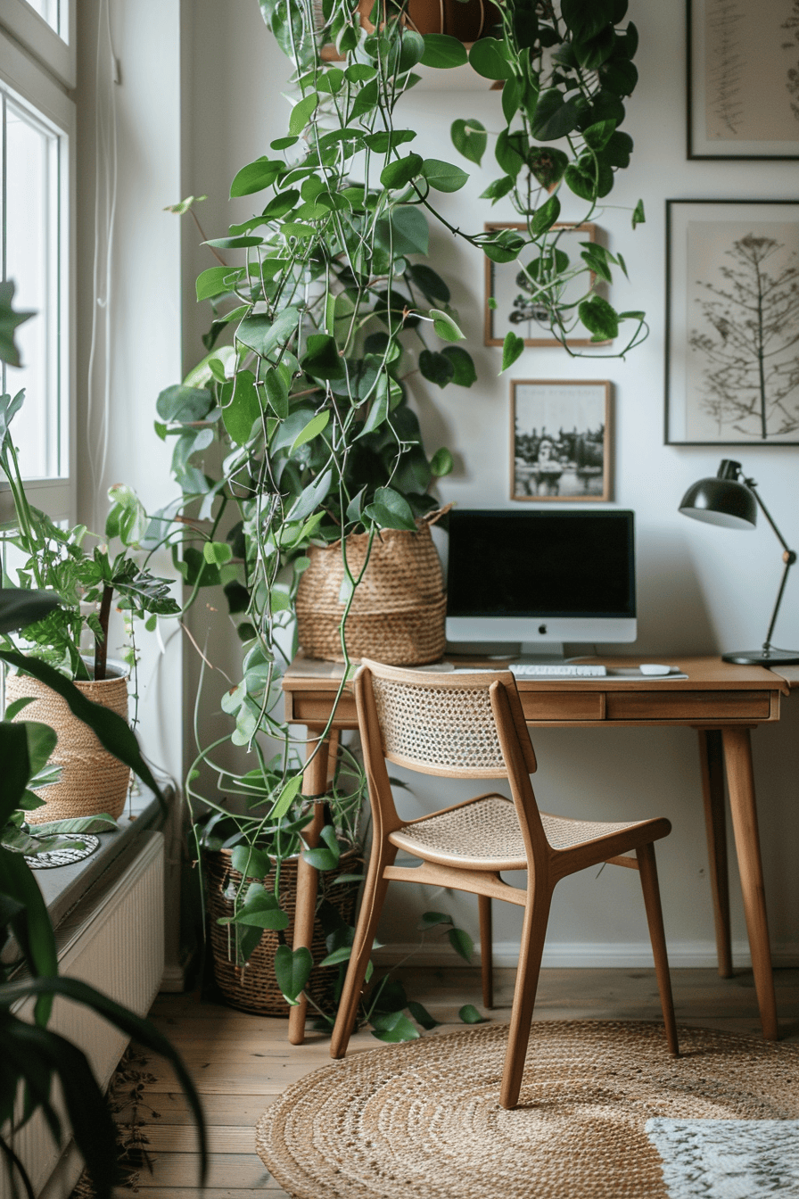 luxurious cosy japandi home office, beautiful plant