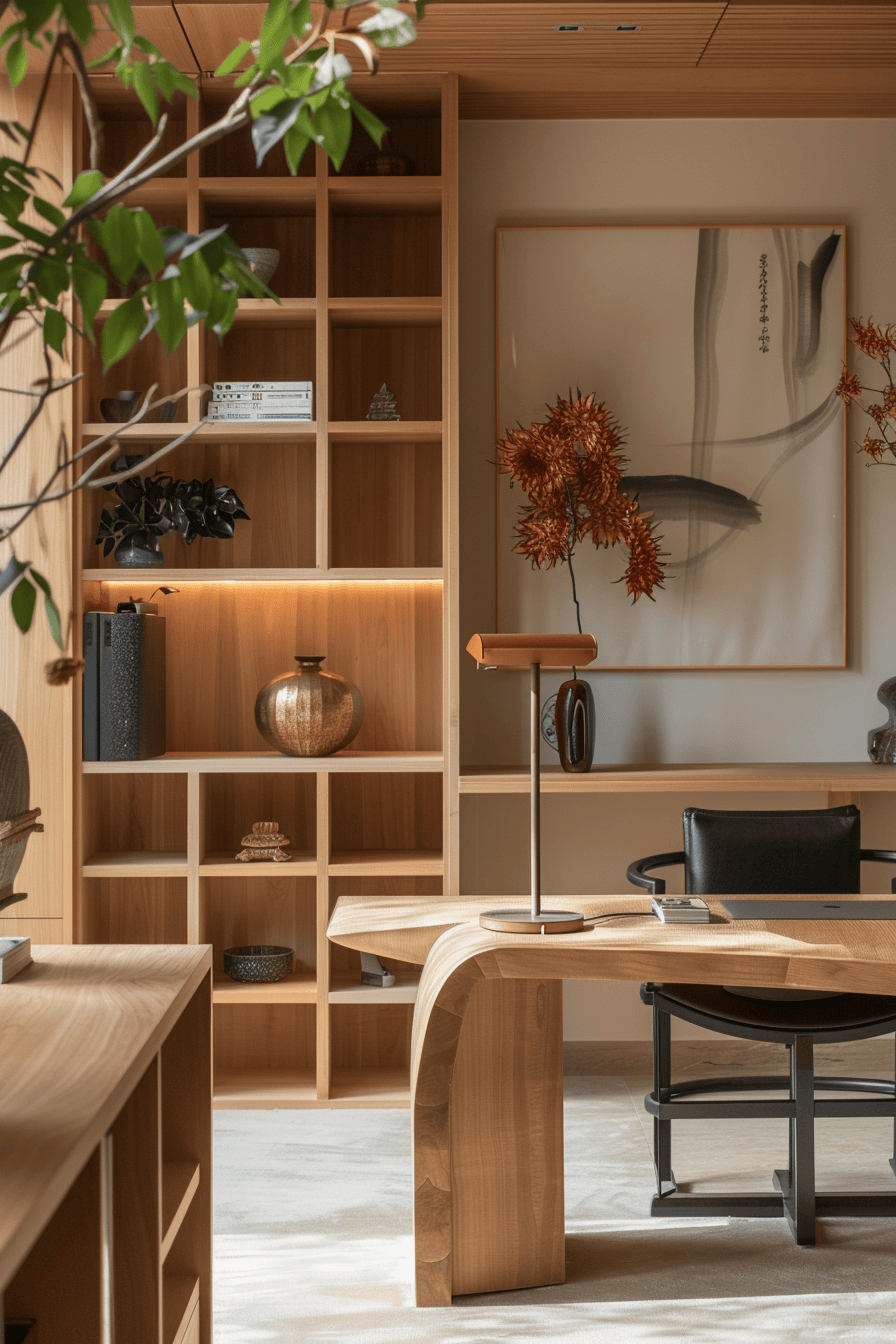 luxurious cosy japandi home office, beautiful plant