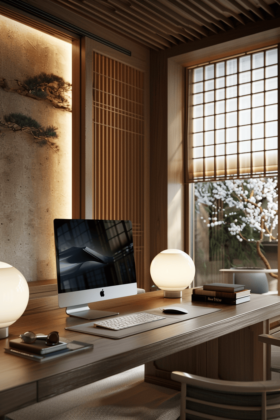 luxurious cosy japandi home office, desk with apple computer