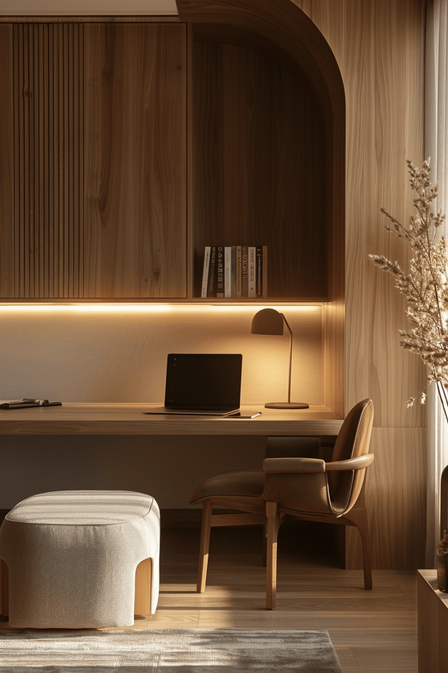 luxurious cosy japandi home office, minimal design