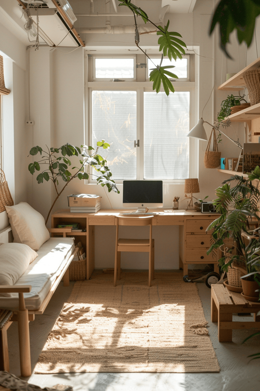 luxurious cosy japandi home office, natural light, bright and airy vibe