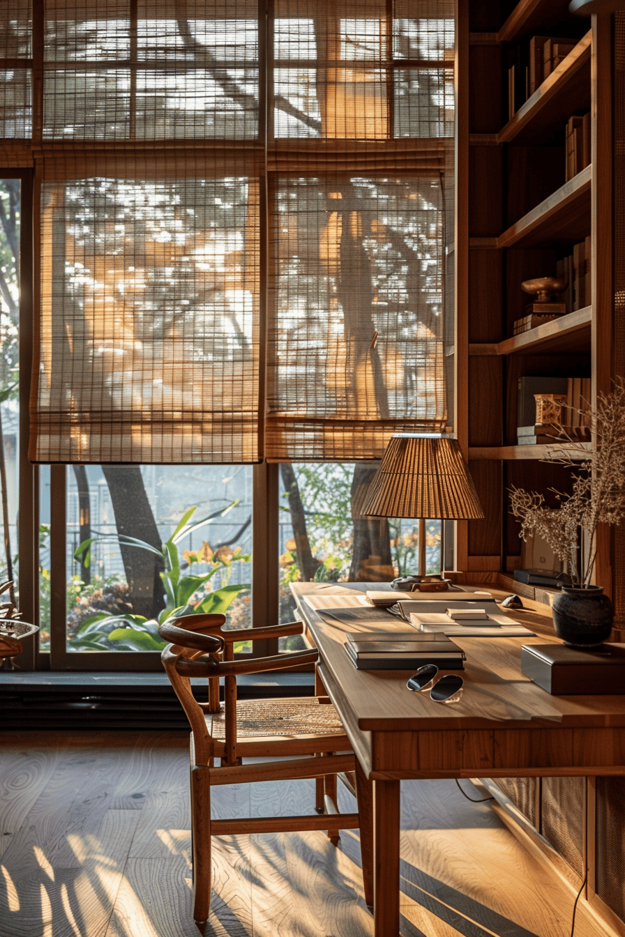 luxurious cosy japandi home office, showcasing beautiful wood tones