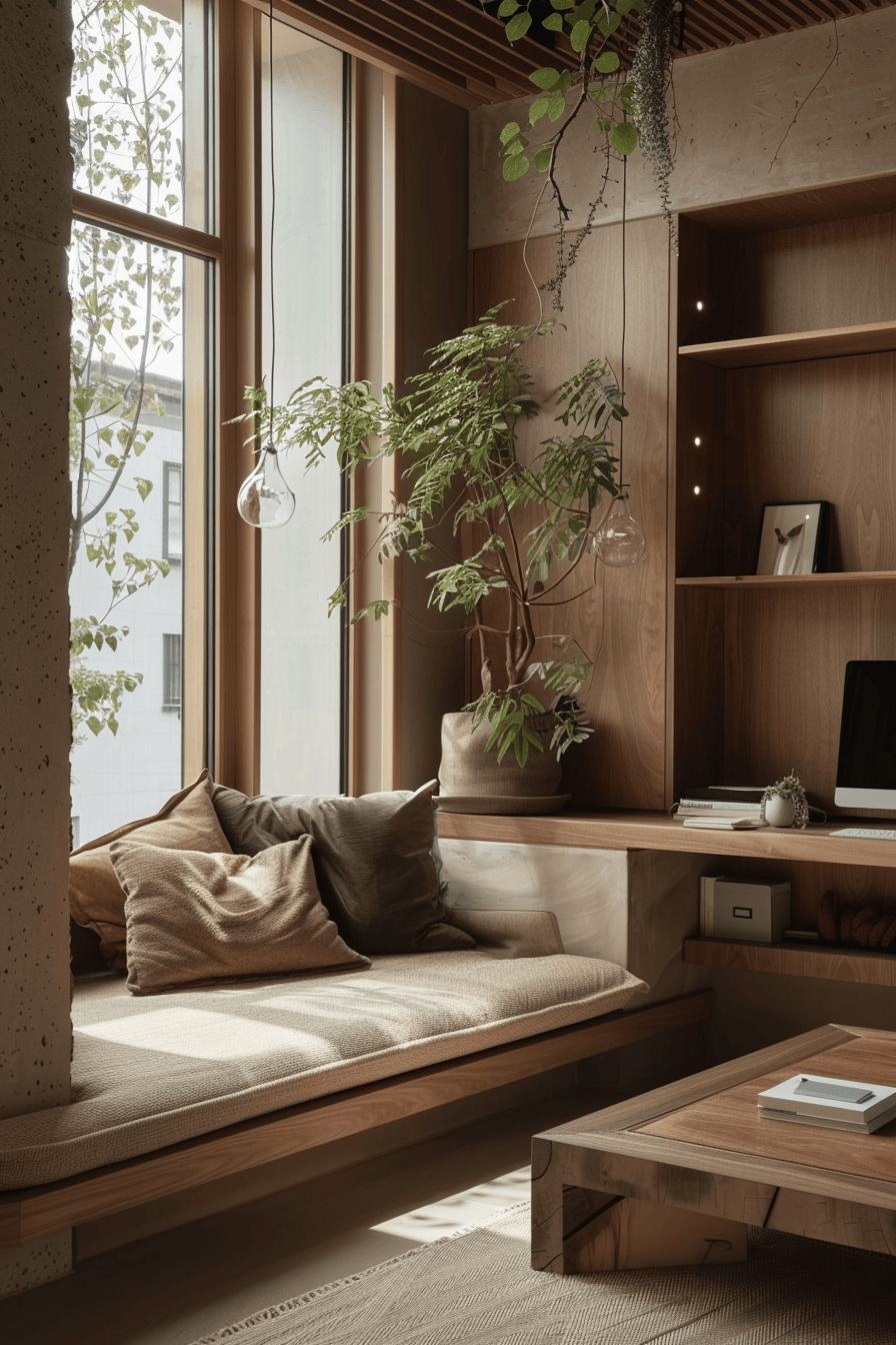 luxurious cosy japandi home office, simple biophilic element