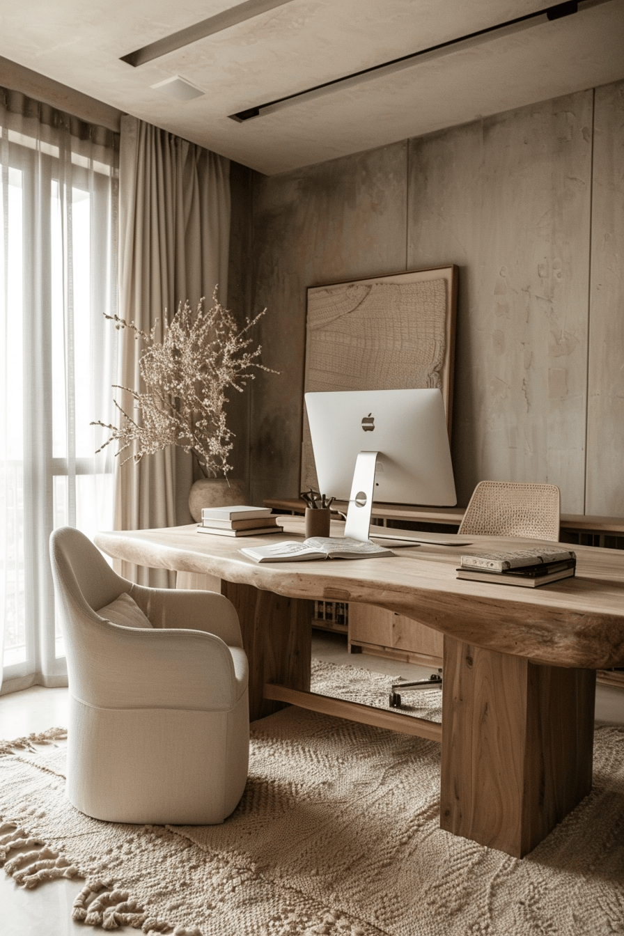 luxurious cosy japandi home office, soothing neutral tones