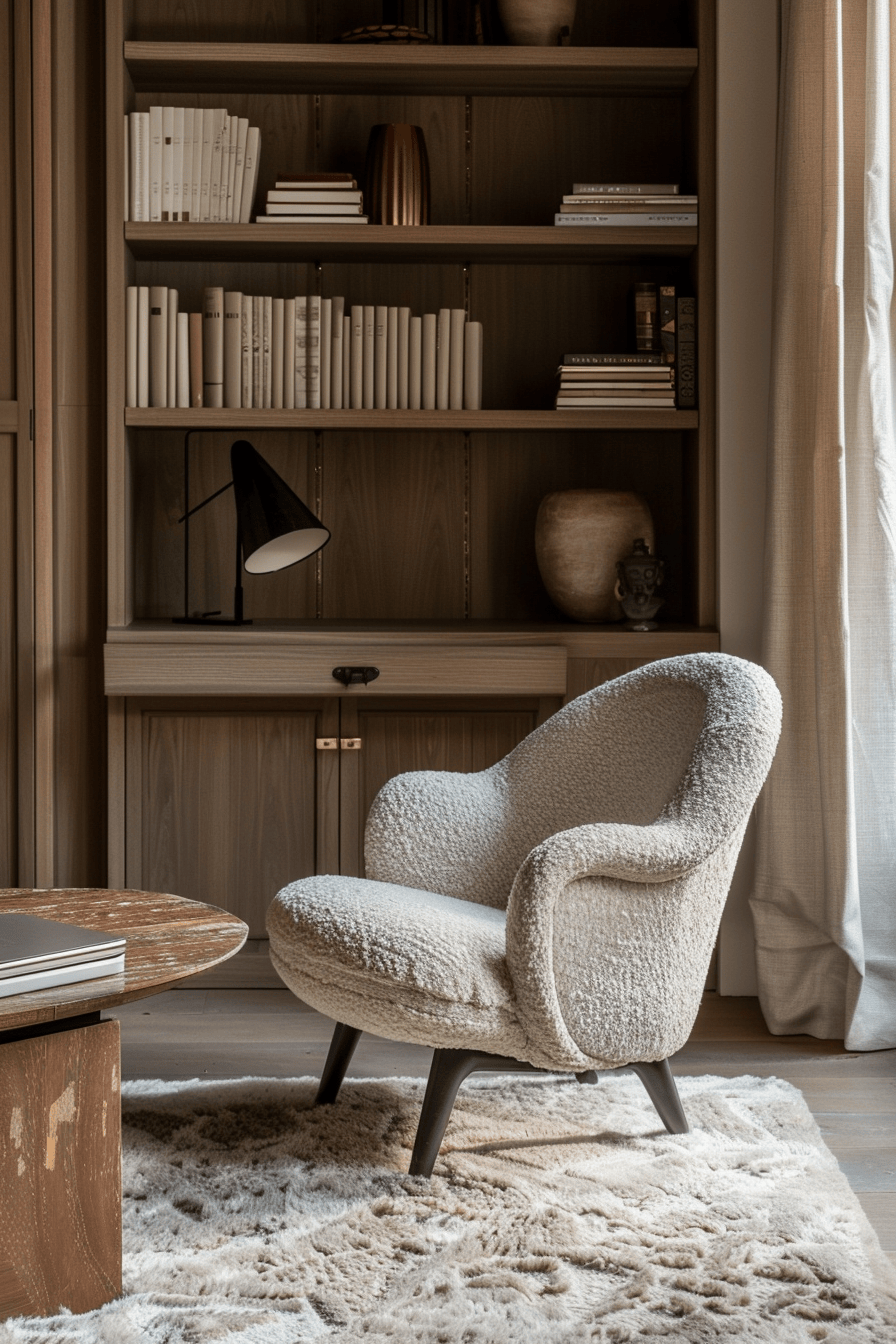 luxurious cosy japandi home office, statement relaxing chair in accent color
