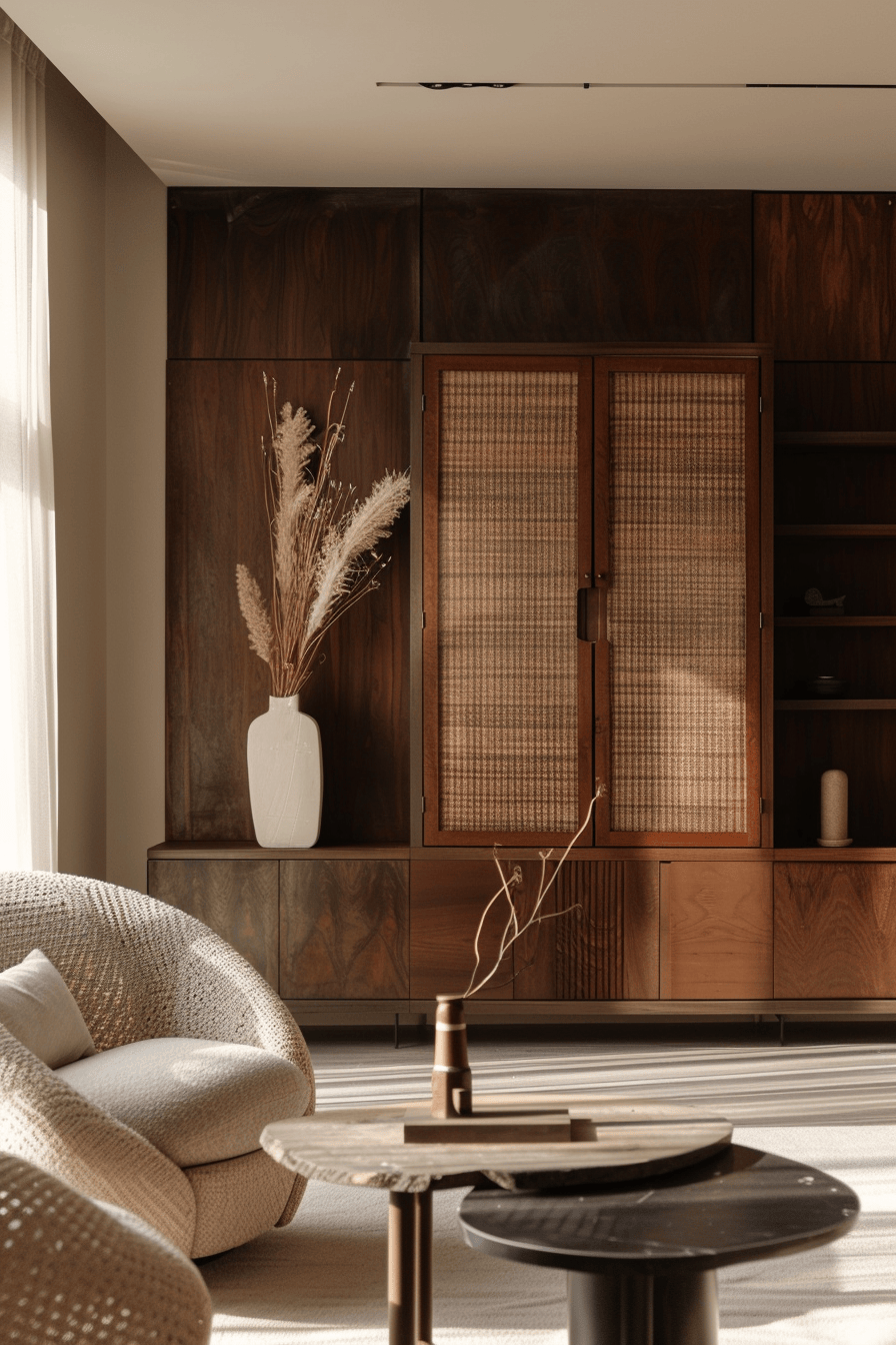 luxurious cosy japandi home office, wall cabinet