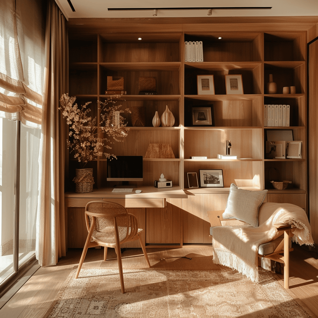 luxurious cosy japandi home office, warm tones