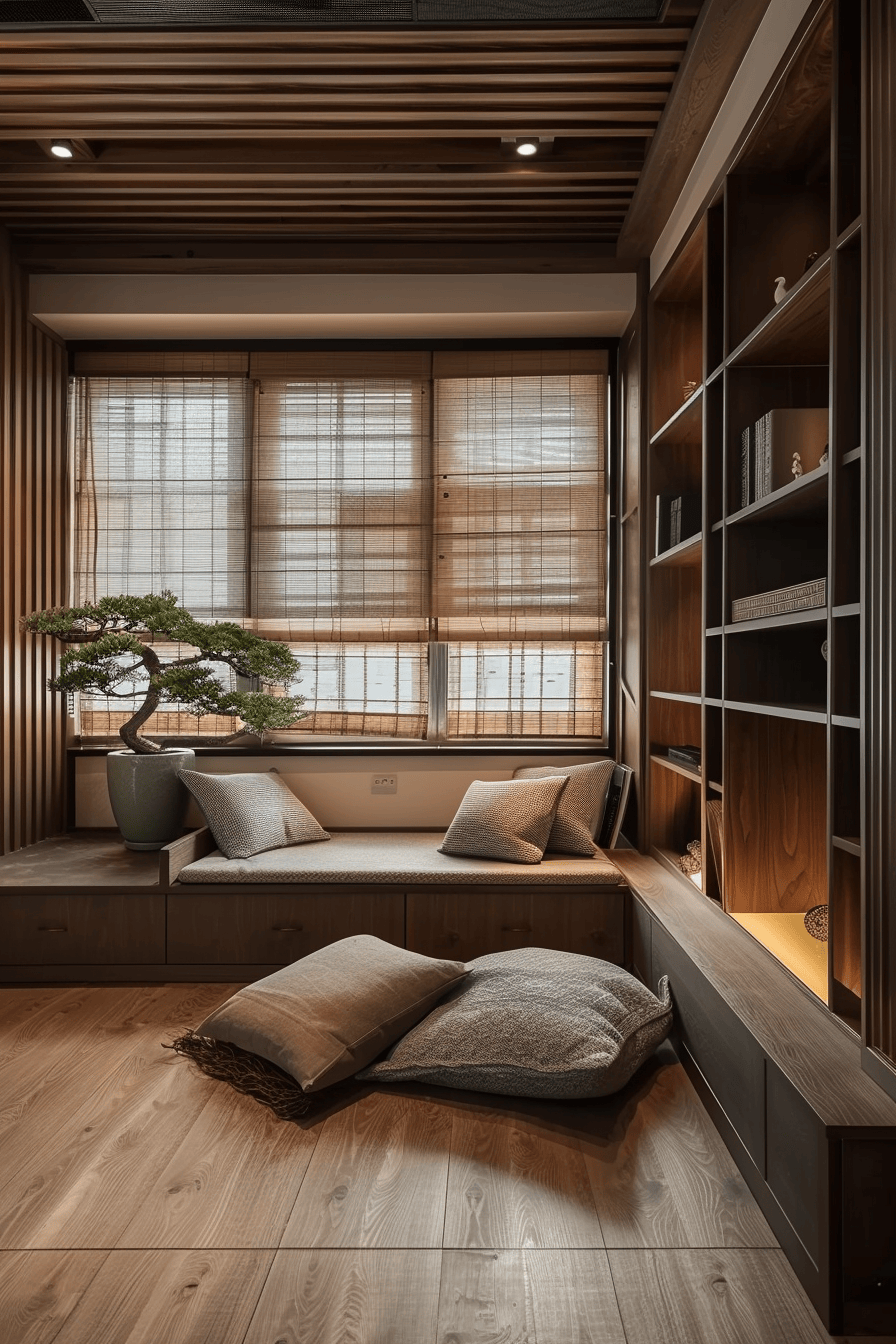 luxurious cosy japandi style home office with relaxing seating area