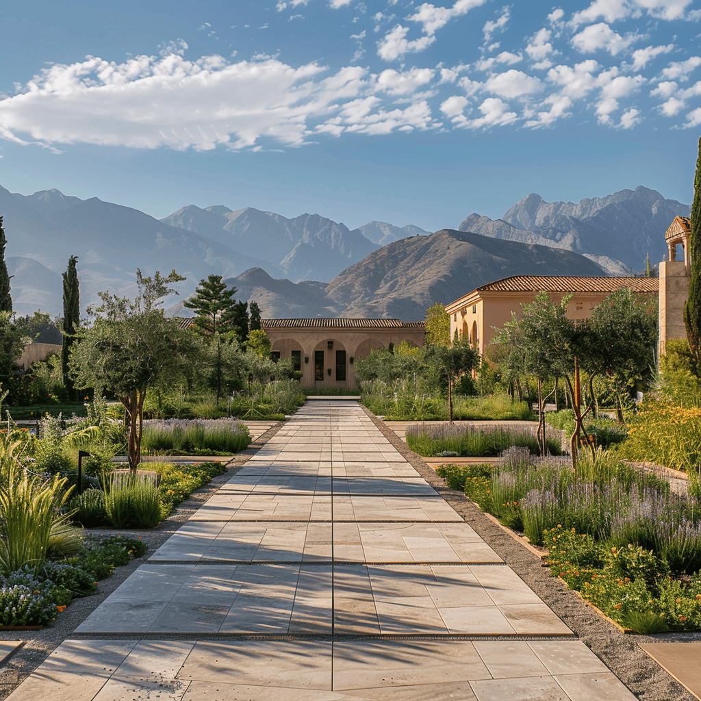 modern Mediterranean garden with pathway around inner square with mountains in the background