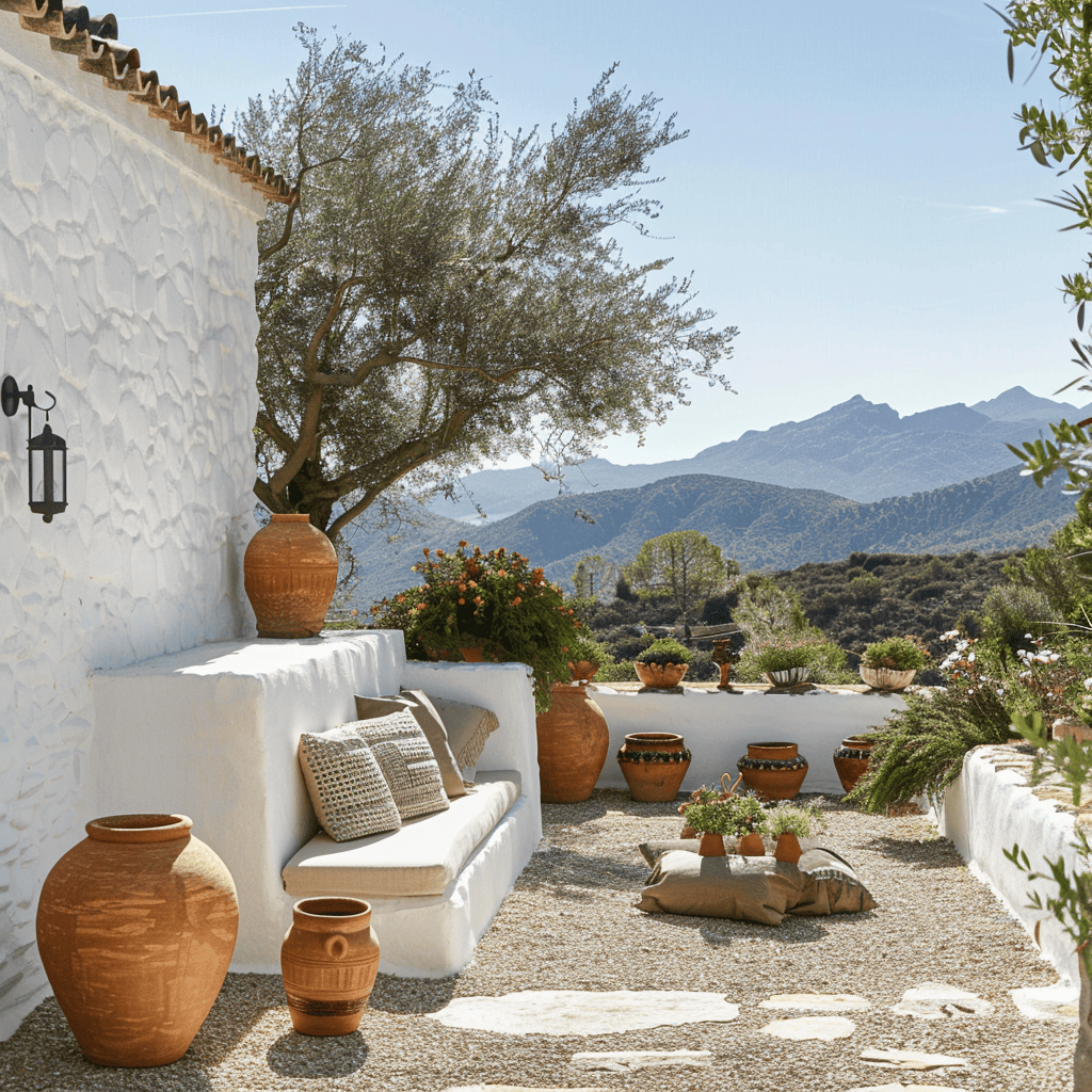 modern Mediterranean garden with terracotta vases along the white wall with seating area and mountain view