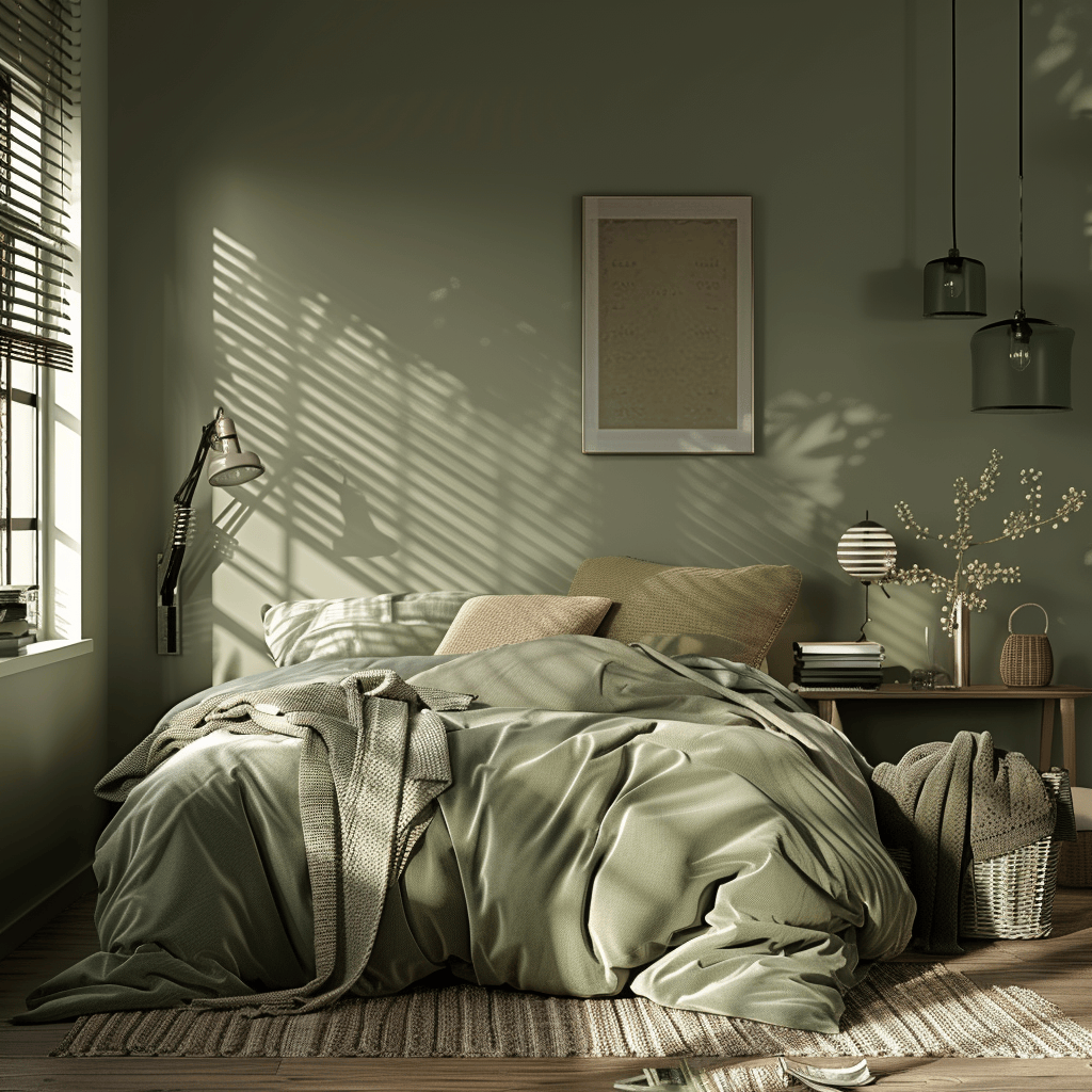 modern cozy bedroom, sage green tones