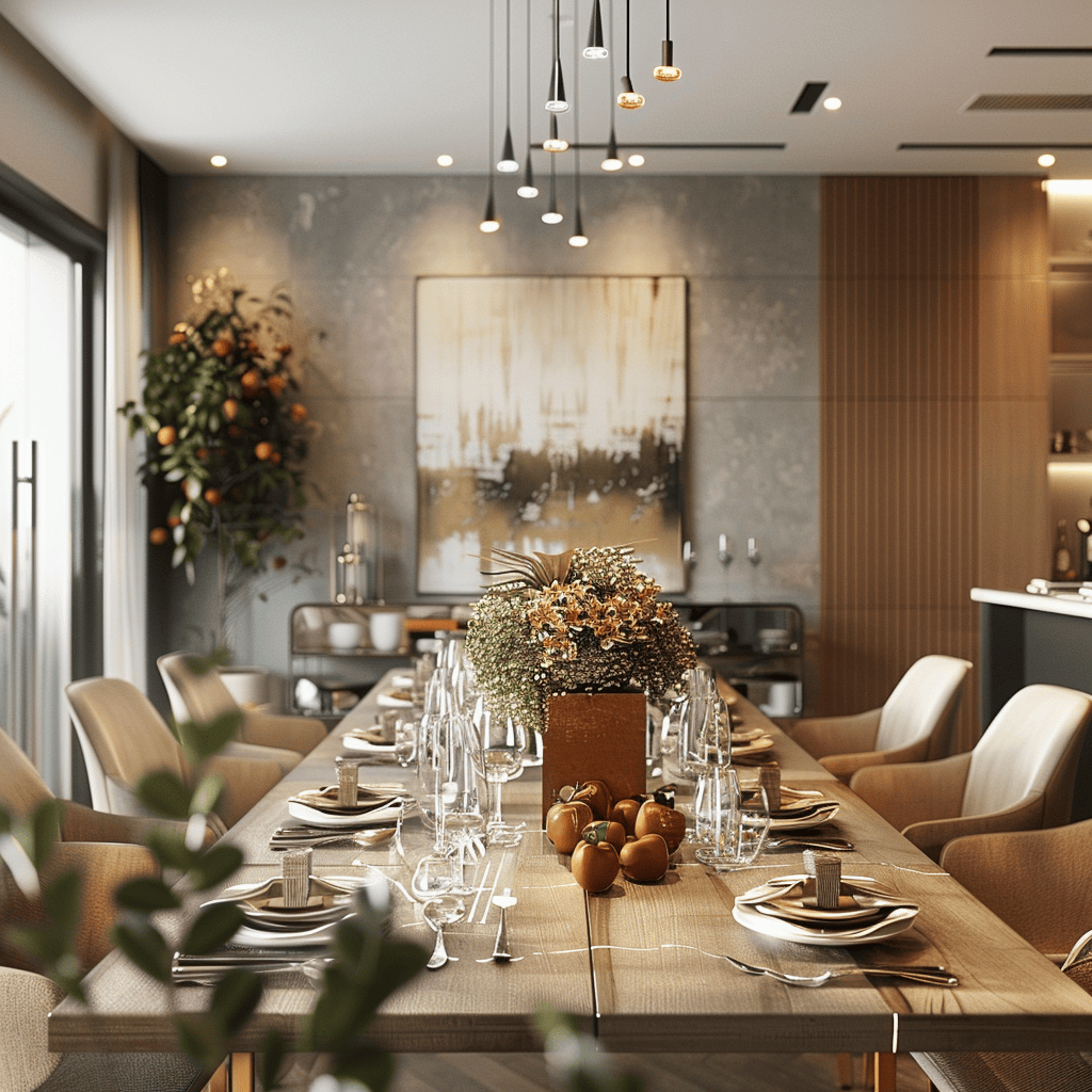 modern dining room, eye-catching focal point, stylish decorations, seasonal touches, inviting tablescape