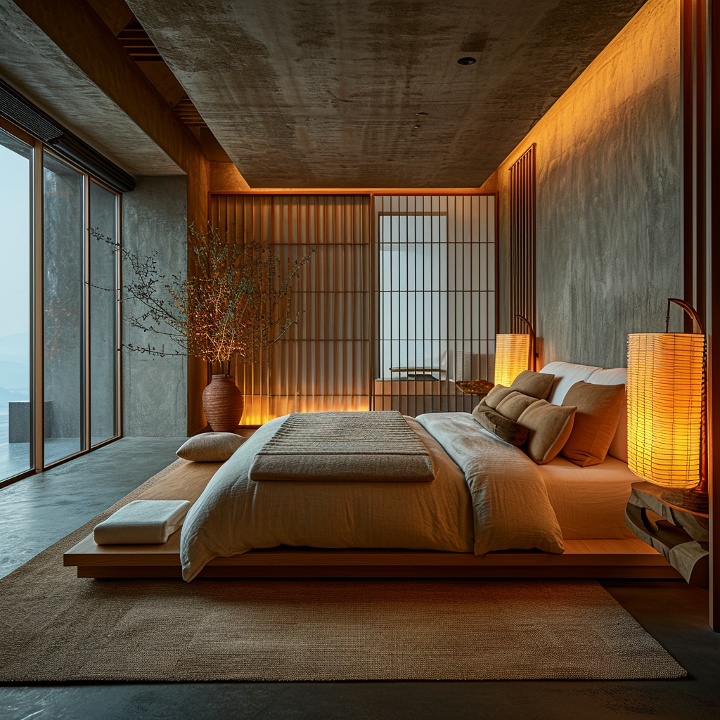 modern interpretation of a Japanese bedroom with vibrant accents.