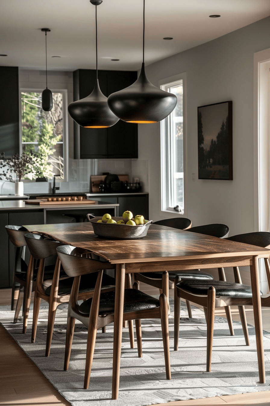 modern luxury Scandinavian dining room, dark wood table and chairs