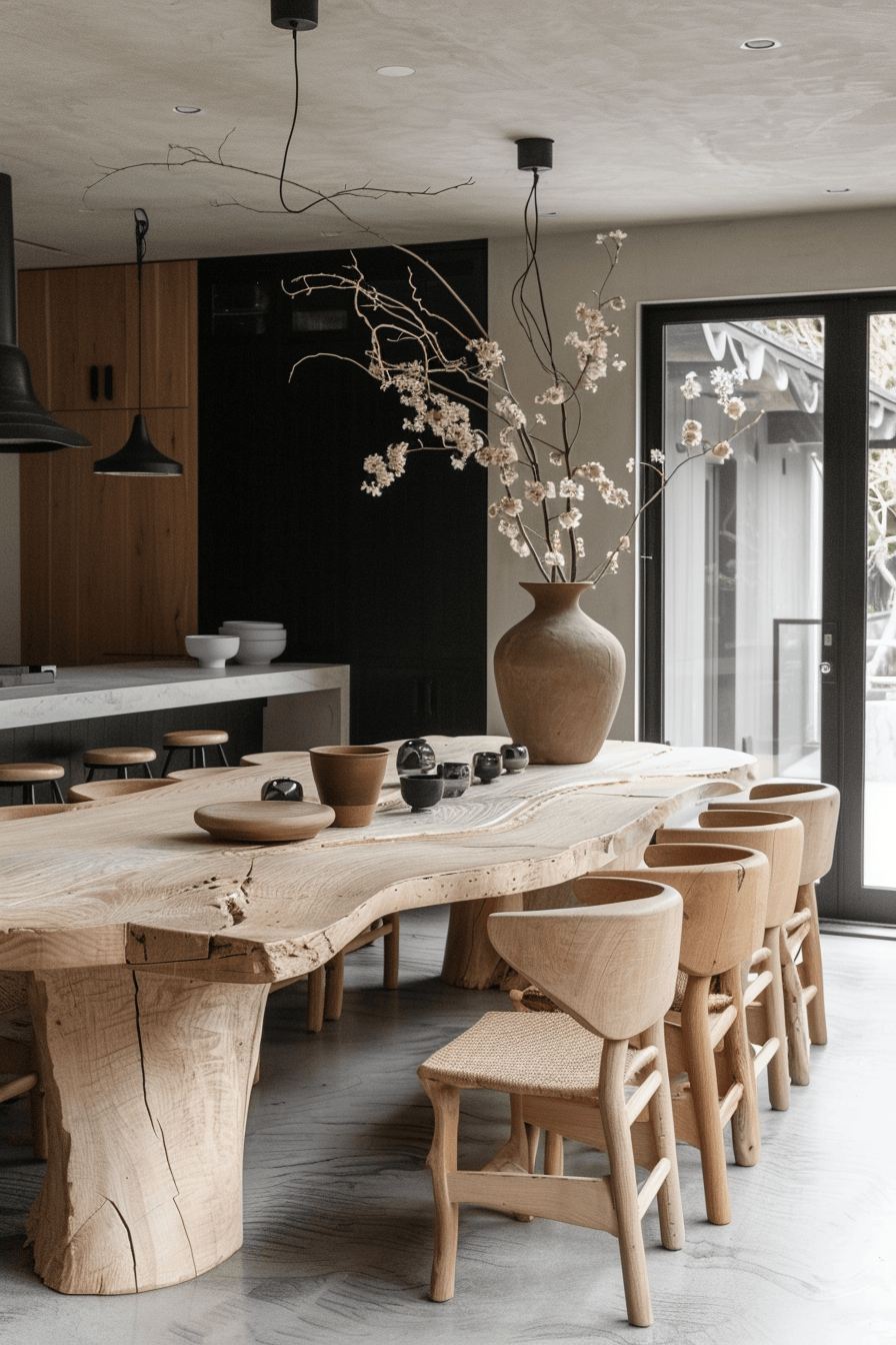 modern luxury Scandinavian dining room, organic table and chairs