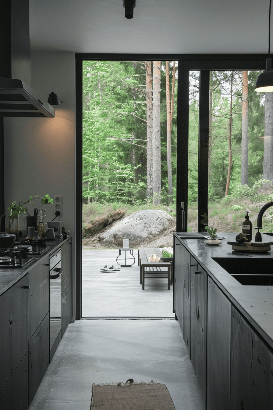 modern_minimalist_Scandinavian_kitchen_doors_out_onto_patio_over_looking_forest