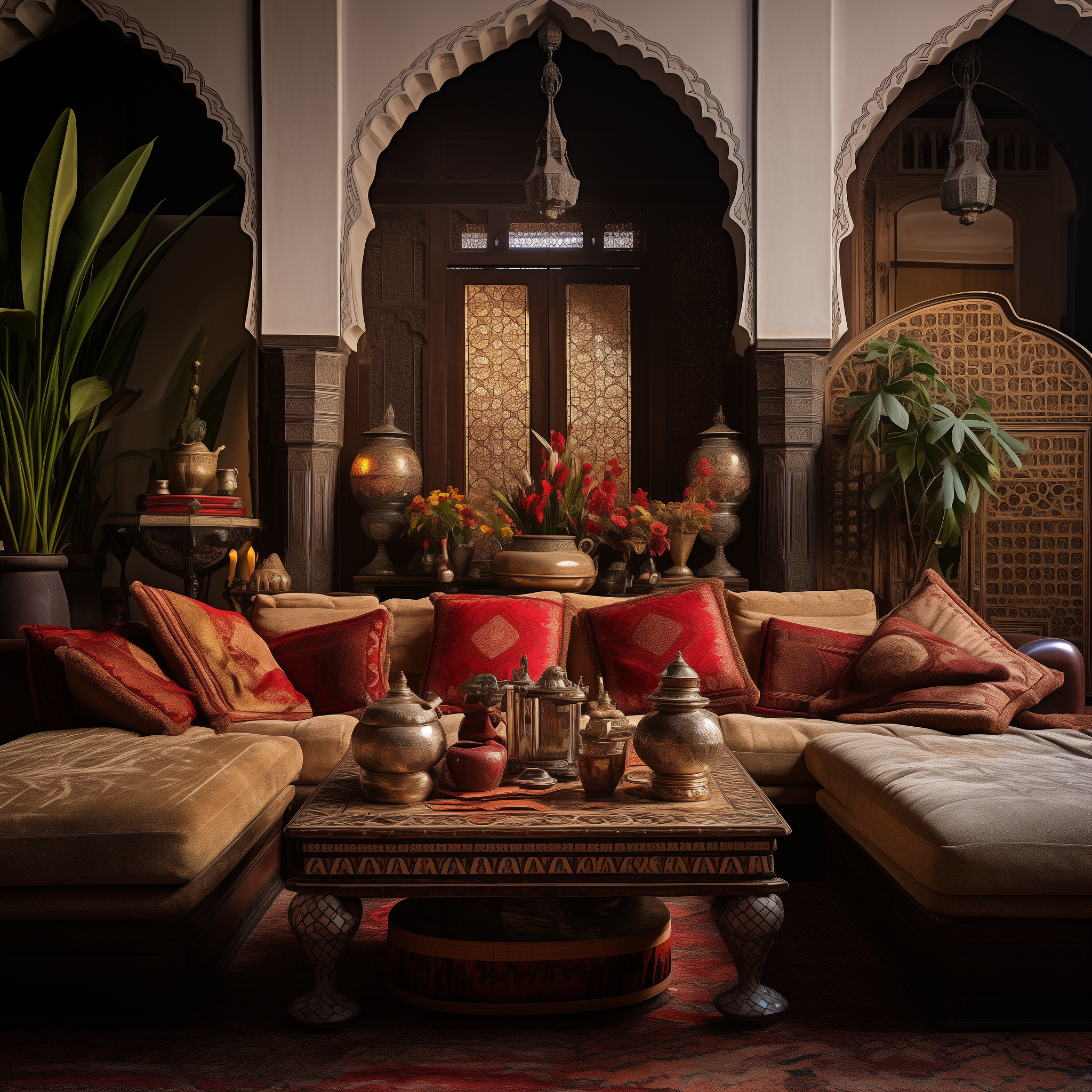 Moroccan living room with beautiful red cushions