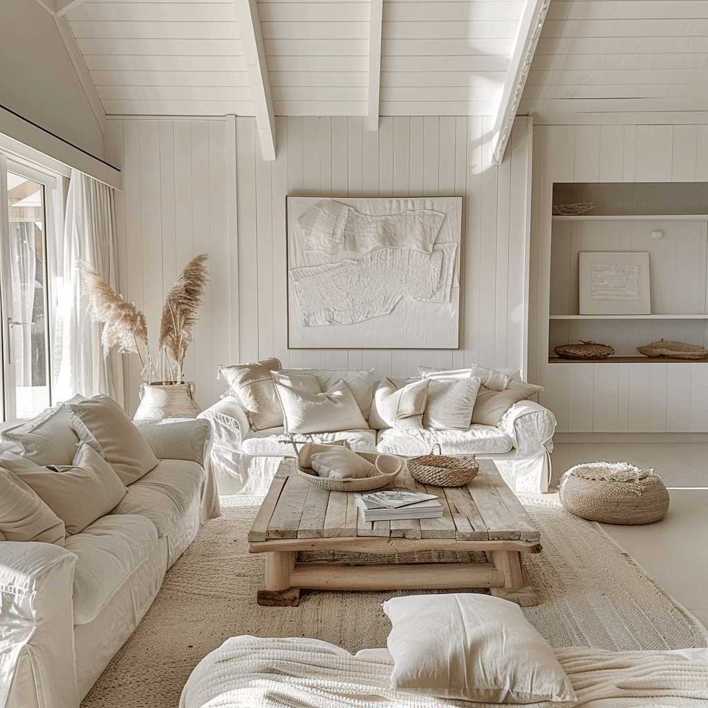 neutral seaside living spaces with white tan gray tones