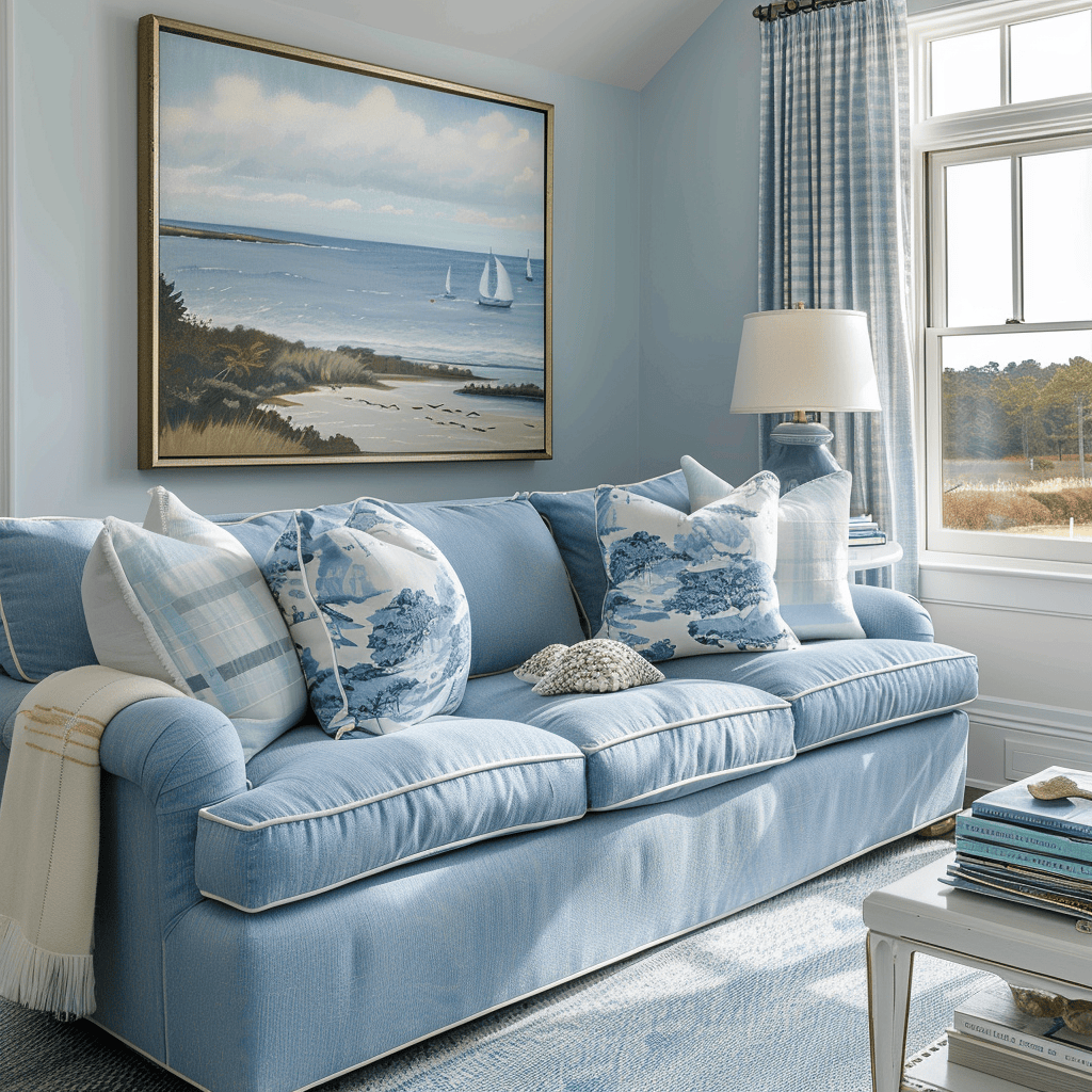 powder blue accents in serene beach house bathroom and lounge