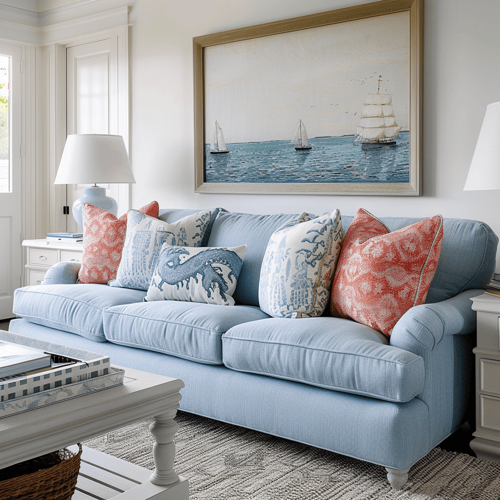 powder blues and whites in relaxing seaside bath and living room