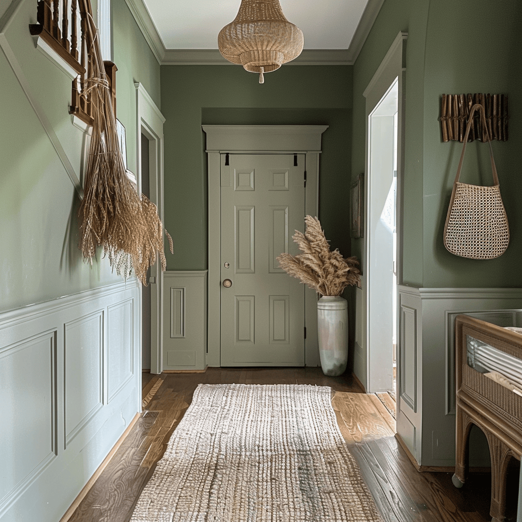 relaxed olive green sofa sage pillows in living green hallway