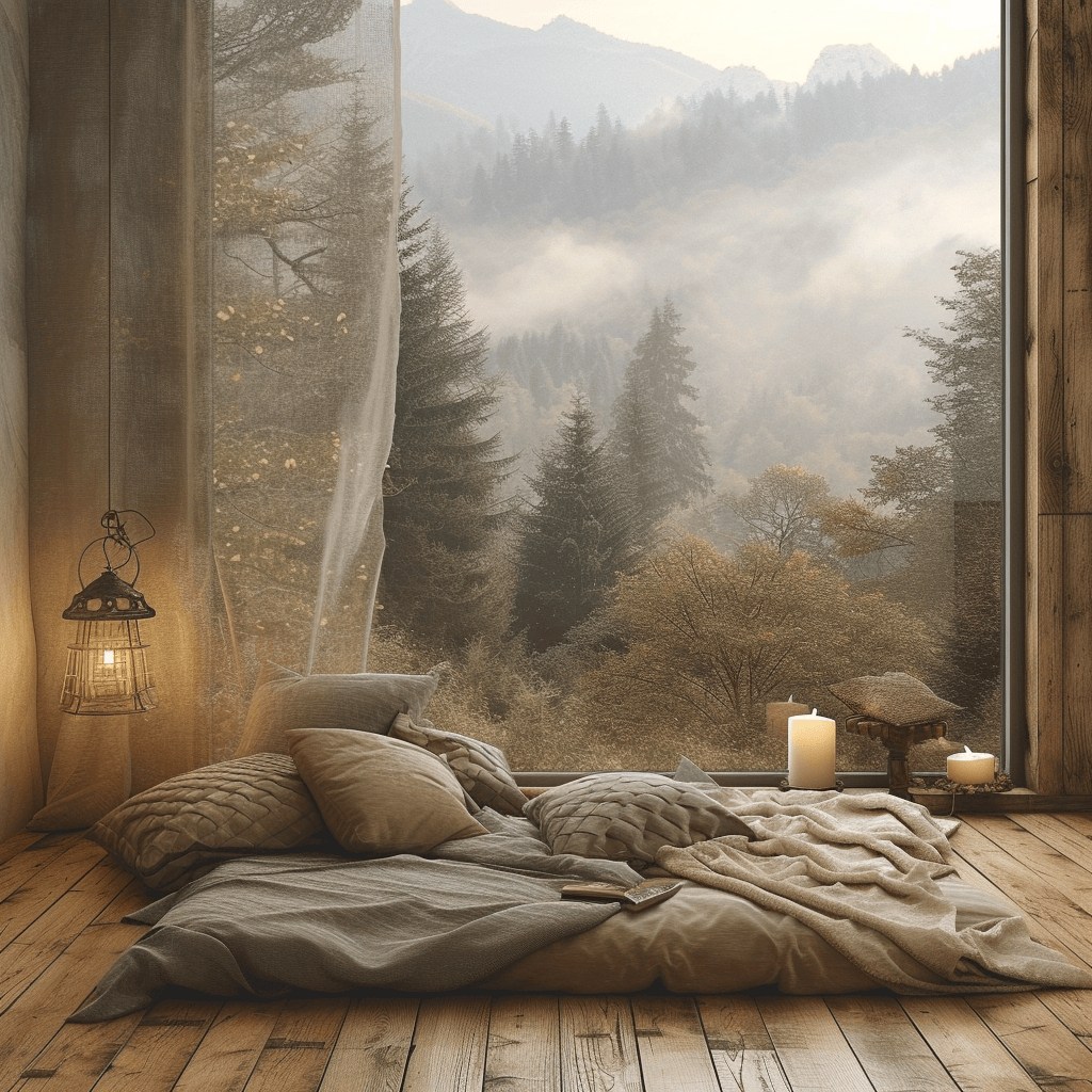 rustic bedroom with a beautiful mountain view